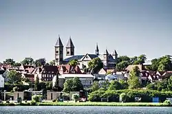 View of Viborg and its monumental cathedral (Viborg Domkirke), as seen from the Søndersø lake.
