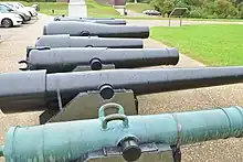 Photo shows a row of cannon barrels, none of which are mounted on carriages. The barrel in the foreground has a pair of handles.