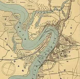 Map of Vicksburg defenses and De Soto Point, showing angles of Confederate fire