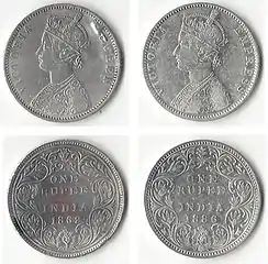 Two silver rupee coins issued by the British Raj in 1862 and 1886 respectively, the first in obverse showing a bust of Victoria, Queen, the second of Victoria, Empress.  Victoria became Empress of India in 1876.