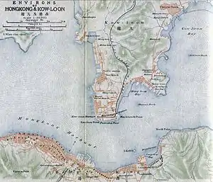 Map of Kowloon in 1915. The Kai Tak Nullah is next to Kowloon Walled City (or Chinese Town in this map) and Lung Tsun Stone Bridge.