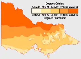 Average January maximum temperatures:Victoria's north is almost always hotter than coastal and mountainous areas.