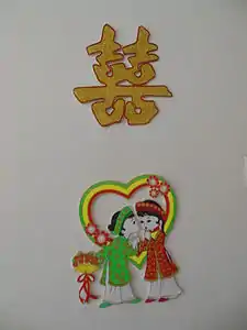 A Vietnamese wedding decoration, with a double happiness character