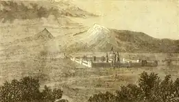 "View of Ararat and the Monastery of Echmiadzin", from the 1846 English translation of Friedrich Parrot's Journey to Ararat