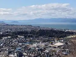 City central, Lake Biwa and Hikone castle viewed from Sawayama castle ruin