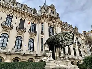 View of the palace, with its pair of Louis XIV style lions at the entrance