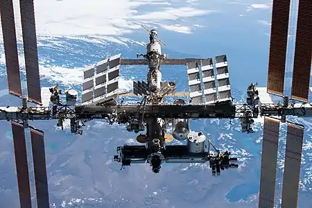 The ISS exterior and steelwork taken on 8 November 2021, from the departing SpaceX Crew-2 capsule