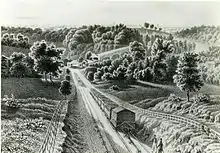 "View from the Inclined Plane" (1838). The first Philadelphia & Columbia Railroad Bridge is visible at the bottom of the hill.