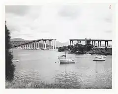 Tasman Bridge after collision from Lake Illawarra, 1975