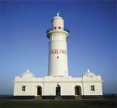 Vigilance, 1992–1993, vinyl text, Macquarie Lighthouse, dimensions variable, The Boundary Rider, 9th Biennale of Sydney, Australia. Photograph by Phil George.