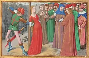  Joan in red dress being bound to a stake as a group of men look on