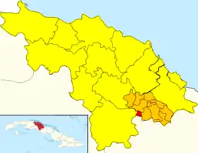 Map of Báez (Red) in Placetas (Orange) in Villa Clara (Yellow)