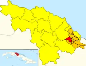 Map of Zulueta Popular Council (Red) in Remedios (Orange) in Villa Clara (Yellow)