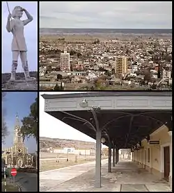 Clockwise from top: Indio Comahue Monument, Downtown Villa Regina, train station and Nuestra Señora del Rosario parish