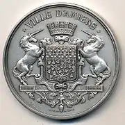 Medal of the city with its blazon, 53 millimetres (2.1 in), signed Dantzell 1862.