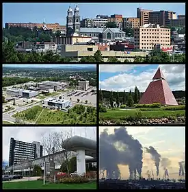 From top, left to right: Downtown Chicoutimi borough, the UQAC, the Ha! Ha! Pyramid, the Cégep de Jonquière, and Rio Tinto's aluminium smelters in Arvida