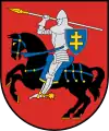 A coat of arms depicting a man in full body armour riding a black horse and carrying a white spear with a golden blade in his right hand