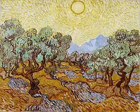 Olive Trees with yellow sky and sun, 1889