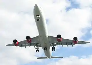 The A340-600 has an additional main undercarriage on the fuselage belly.