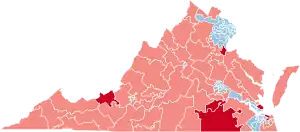 A map of Virginia showing the results of the 2019 Virginia House of Delegates election, with Republican districts in red and Democratic districts in blue, with heavier shading showing which changed parties.
