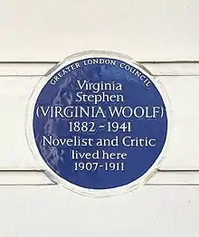 Virginia Woolf 1882-1941 Novelist and Critic lived here 1907–1911. Photograph of her Blue Plaque.