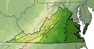 Terrain map of Virginia divided with lines into five regions. The first region on the far left is small and only in the state's panhandle. The next is larger, and covers most of the western part of the state. The next is a thin strip that covers only the mountains. The next is a wide area in the middle of the state. The left most is based on the rivers which diffuse the previous region.