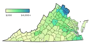 A map of Virginia colored green to blue based on how much property tax was paid, from $200 to $4,000+.