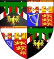 Arms of David Armstrong-Jones, 2nd Earl of Snowdon whilst Viscount Linley: Quarterly 1st & 4th, the arms of his father The Earl of Snowdon with a  label vert, 2nd & 3rd the arms of his mother The Princess Margaret whose label argent is charged with roses and a thistle