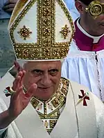 Benedict XVI wearing a pretiosa: elaborately embroidered mitre.