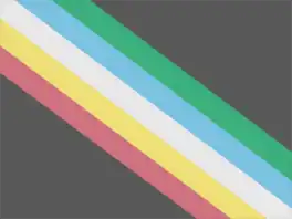 A charcoal grey flag bisected diagonally from the top left corner to the lower right right corner by five parallel stripes in red, pale gold, pale grey, light blue, and green