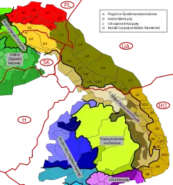 Central Beskidian Piedmont, marked in red and labeled with A