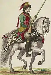 A dragoon of the Volontaires de Saxe (1743–1750) regiment wearing a pseudo-Phrygian helmet made of brass.
