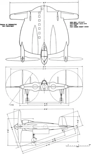 3-view line drawing of the Vought XF5U