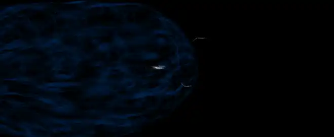 Simulated view of the Voyager probes relative to the Solar System and heliopause on August 2, 2018.