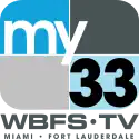 A four-quadrant rounded rectangle, from top left: blue, dark gray, light gray, light blue. In the blue box, the lowercase word "my" in white in a sans serif. In the lower lower right box, a black 33 in a sans serif. Beneath are two lines: WBFS-TV / Miami • Fort Lauderdale