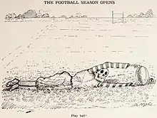 Cartoon showing a figure with a skeletal head holding a football upright with extended arms while lying down on a football field