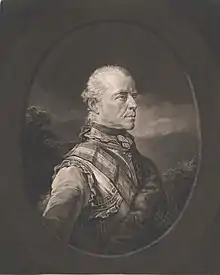 Black and white oval print shows an older man in military garb, specifically a cuirass.