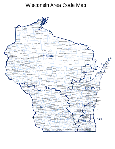 Map of Wisconsin showing area codes