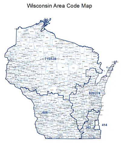 Map of Wisconsin showing area codes