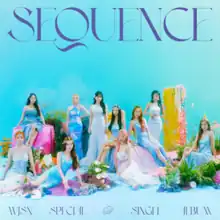 All active members of WJSN in the middle of a ocean-like setting with the title Sequence at the top