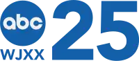 All rendered in blue: Next to the ABC network logo, a disk with white letters "abc", the numeral "25". The letters WJXX in a sans serif, also in black and drop shadowed in white and red, appear below the ABC.