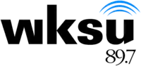 Two lines of black text, the top line reads "wksu" in a boldened sans serif typeface with three blue half-circles placed on top of the "u" to represent radio waves; the bottom line reads "89.7" in a serif font.