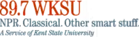 Three lines of text, all in serif font. The first line, colored red, reads "89.7 WKSU". The second line, colored blue, reads "NPR. Classical. Other smart stuff." The third line, in italics, reads, "A Service of Kent State University"