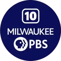 Within a dark blue disk, three lines of text appear, all in white. The first features a number "10" appearing within a curved rectangle, a stylized representation of an older standard-definition television. The second line of text reads "MILWAUKEE" in all capitals, and the third line features the current PBS logomark, with its "Head" element in a circle next to the words "PBS" on the right.