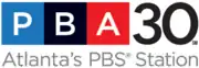 From top left: Three blocks, blue, black, and red, with white letters P, B, and A; the numeral 30 in the top right in black; beneath both, the text "Atlanta's P B S Station".