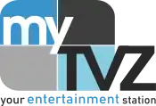 A rounded rectangle divided into blue and gray parts with the word "my" in white and a black "TVZ" in the lower right. Underneath is the text "your entertainment station", with "entertainment" in larger and blue lettering to emphasize it.