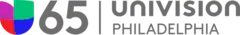 At left, the Univision logo, consisting of red, purple, green and blue blocks in the shape of a U. At right, a gray 65 in a sans serif. Separated by a line to the right, in two lines, a gray Univision wordmark in stylized unicase above the word Philadelphia in all caps in gray.