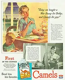 This WWII ad shows a woman sending her soldier husband a carton of cigarettes, and urges others to do the same. In an echo of the claim that doctors prefer the brand, it claims that men in the military prefer it, too. A mention of War Stamps associates the brand still more closely to war patriotism.