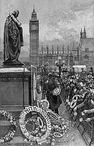 Wood engraving by W. Saull, showing Disraeli's statue in Parliament Square decorated with primroses on Primrose Day, published in Harper's Bazaar, 1886