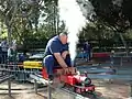 A small 5-inch (13 cm) gauge live steam locomotive at the Wagga Wagga Society of Model Engineers' miniature railway, Willans Hill, Wagga Wagga, New South Wales, Australia.